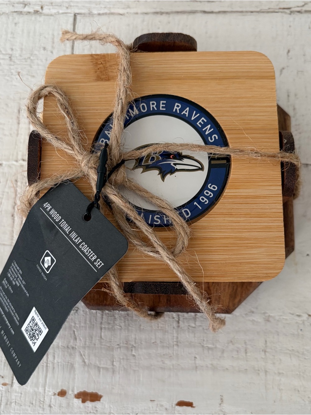Baltimore Ravens NFL 4‎ Piece Wood Tonal Inlay Coaster Set with Base